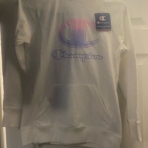 Champion White Sweatshirt with Blue and Pink Logo